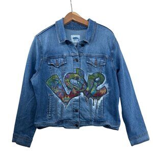 Old Navy Womens Jean Jacket Sz XL Blue Denim Trucker UPCYCLED OOAK Hand-Painted
